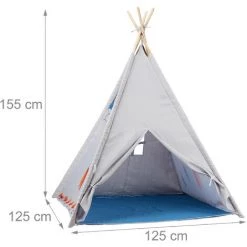 Relaxdays Tente De Jeu Pour Enfants Tipi Intérieur Extérieur Tente Indiens Dès 3 Ans HxlxP: 155 X 125 X 125 Cm, Gris -Lit enfant Soldes Boutique 10367915 5
