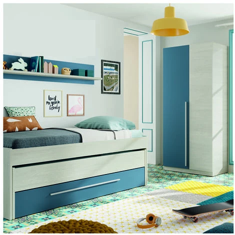 Lit Double Avec Un Tiroir Coloris Blanc Alpes / Bleu En Melamine - Dim : 66 X 199 X 96 Cm -PEGANE- 2 Lit Double Avec Un Tiroir Coloris Blanc Alpes / Bleu En Melamine - Dim : 66 X 199 X 96 Cm -PEGANE- – Image 2