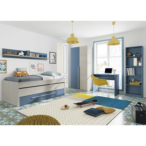 Lit Double Avec Un Tiroir Coloris Blanc Alpes / Bleu En Melamine - Dim : 66 X 199 X 96 Cm -PEGANE- 4 Lit Double Avec Un Tiroir Coloris Blanc Alpes / Bleu En Melamine - Dim : 66 X 199 X 96 Cm -PEGANE- – Image 4