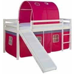 DéCOSHOP26 Lit Mezzanine Pour Enfant Avec Sommier Toboggan Tunnel Rideau Modèle Rose Foncé 90x200 Cm - Rose