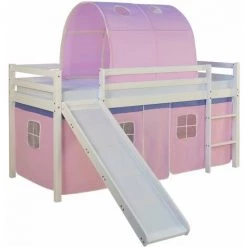 DéCOSHOP26 Lit Mezzanine Pour Enfant Avec Sommier Toboggan Tunnel Rideau Modèle Rose 90x200 Cm - Rose
