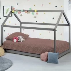 IDMARKET Lit Cabane Enfant 90 X 190 CM NEEL Gris Avec Sommier - Gris