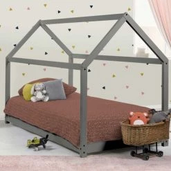IDMARKET Lit Cabane Enfant 90 X 190 CM NEEL Gris Avec Sommier - Gris -Lit enfant Soldes Boutique 13453365 3
