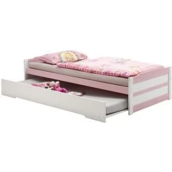 IDIMEX Lit Gigogne LORENA Enfant 1 Place Tiroir Lit Fonctionnel 90 X 200 Cm Pin Massif Lasuré Blanc Et Rose - Blanc/Rose