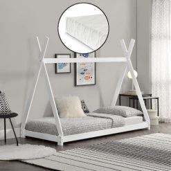 Lit Tipi Pour Enfants Avec Matelas Mousse à Froid Onejda Blanc 200 X 90 Cm [en.casa]