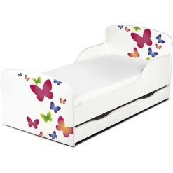 LEOMARK Moderne Lit D'Enfant Toddler En Bois Avec Un Matelas Et Un Tiroir Papillons Colores