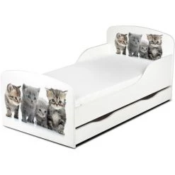 LEOMARK Moderne Lit D'Enfant Toddler En Bois Avec Un Matelas Et Un Tiroir Chats