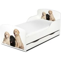 LEOMARK Moderne Lit D'Enfant Toddler En Bois Avec Un Matelas Et Un Tiroir Chiens
