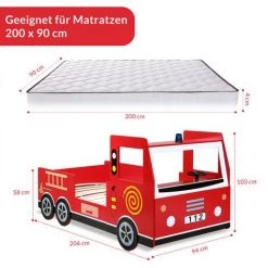 DEUBA Lit Enfant Design Camion Pompier Rouge 205x94,5x103cm Lit Pour Enfants Avec Sommier à Lattes Inclus -Lit enfant Soldes Boutique 18476793 4