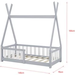 Lit Tipi Pour Enfants Helsingborg Avec Grille De Sécurité Pin 140 X 70 Cm Gris Clair [en.casa] -Lit enfant Soldes Boutique 20889417 3