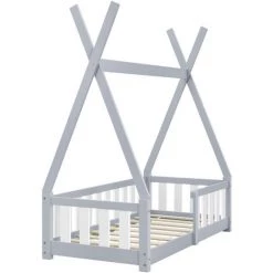 Lit Tipi Pour Enfants Helsingborg Avec Grille De Sécurité Pin 140 X 70 Cm Gris Clair [en.casa] -Lit enfant Soldes Boutique 20889417 4
