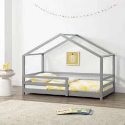 Lit D'Enfant Maison Avec Barreaux De Sécurité Knätten Pin 70 X 140 Cm Gris Clair Mat Laqué [en.casa]