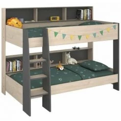 PARISOT Lits Superposés Enfant - Décor Chene Jackson Et Gris Ombre - Sommiers Inclus - 2 X 90 X 200 Cm - JIM