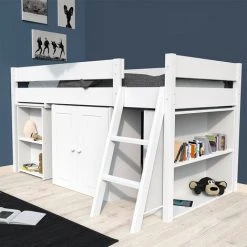 LE QUAI DES AFFAIRES Lit Combiné TINO 90x190 + 1 Sommier + Bureau + Armoirette + étagère / Laqué Blanc/ 199x128x108 Cm