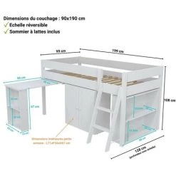 LE QUAI DES AFFAIRES Lit Combiné TINO 90x190 + 1 Sommier + Bureau + Armoirette + étagère / Laqué Blanc/ 199x128x108 Cm -Lit enfant Soldes Boutique 21447455 4