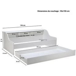 LE QUAI DES AFFAIRES Lit PALMA 90x190 + étagère + 1 Tiroir-lit / Blanc/ 198x116x75 -Lit enfant Soldes Boutique 21447472 4