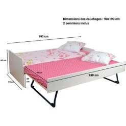 LE QUAI DES AFFAIRES Lit Gigogne FLORENT 90x190 + 2 Sommiers + 1 Tiroir-lit / Blanc/ 193x95x60 -Lit enfant Soldes Boutique 21447506 4