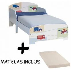 BEBEGAVROCHE Lit En Bois Pour Enfant Véhicules Et Camions + Matelas - Bleu