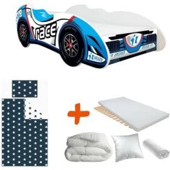 BEBEGAVROCHE Pack Complet Lit Enfant Voiture Formule 1 Race= Lit+Matelas & Parure+Couette+Oreiller - Bleu