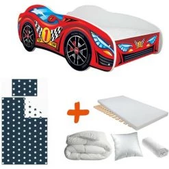 BEBEGAVROCHE Pack Complet Lit Enfant Voiture Racing Rouge = Lit+Matelas & Parure+Couette+Oreiller - Rouge
