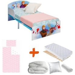BEBEGAVROCHE Pack Complet Premium Lit Bois Et Metal La Reine Des Neiges 2= Lit+Matelas & Parure+Couette+Oreiller - Multicolor