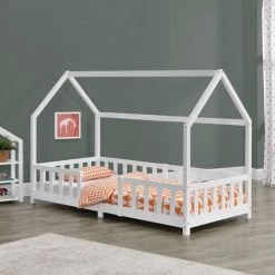 Lit D'Enfant Design Forme Maison Sisimiut Pin 200 X 90 Cm Blanc Mat Laqué [en.casa]