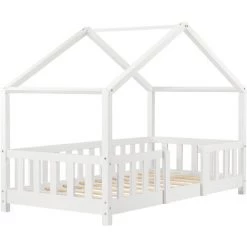 Lit D'Enfant Forme Maison Avec Grille De Protection Treviolo 140 X 70 Cm Blanc Mat Laqué [en.casa] -Lit enfant Soldes Boutique 23971891 4