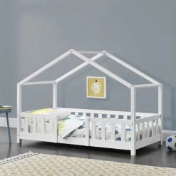 Lit D'Enfant Forme Maison Avec Grille De Protection Treviolo 160 X 80 Cm Blanc Mat Laqué [en.casa]