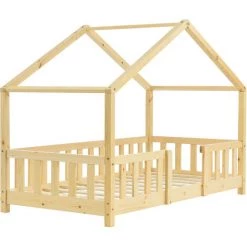 Lit D'Enfant Forme Maison Avec Grille De Protection Treviolo 140 X 70 Cm Bois Naturel [en.casa] -Lit enfant Soldes Boutique 23971931 4