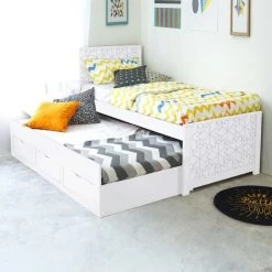 MOBILIER DECO GIULIA - Lit Gigogne Avec Rangement En Bois Blanc 90 X 190 Cm - Blanc