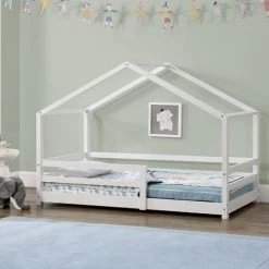 Lit D'Enfant Maison Avec Barreaux De Sécurité Knätten Pin 80 X 160 Cm Blanc Mat Laqué [en.casa]