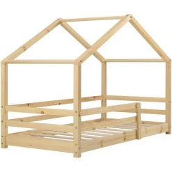Lit Cabane Knätten Avec Grille De Protection Et Matelas Orthopédique 140 X 70 Cm Naturel [en.casa] -Lit enfant Soldes Boutique 25053970 3