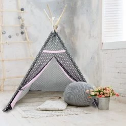 ECD GERMANY Tente De Tipi Teepee Avec Fenêtre Pour Enfants Gris Avec Des étoiles Blanches