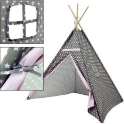 ECD GERMANY Tente De Tipi Teepee Avec Fenêtre Pour Enfants Gris Avec Des étoiles Blanches -Lit enfant Soldes Boutique 25941187 3