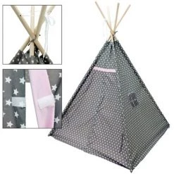 ECD GERMANY Tente De Tipi Teepee Avec Fenêtre Pour Enfants Gris Avec Des étoiles Blanches -Lit enfant Soldes Boutique 25941187 4