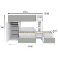 LE QUAI DES AFFAIRES Lit Superposé TWIN 90x190 Avec Armoire Et Tiroirs + 2 Sommiers / Blanc Et Gris/ 252x111x145 Cm -Lit enfant Soldes Boutique 26583233 4