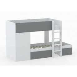 LE QUAI DES AFFAIRES Lit Superposé TWIN 90x190 Avec Armoire Et Tiroirs + 2 Sommiers / Blanc Et Gris/ 252x111x145 Cm -Lit enfant Soldes Boutique 26583233 5