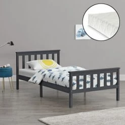 Cadre De Lit Design Pour Adultes En Bois De Pin à Sommier à Lattes Lit Simple Avec Matelas à Mousse à Froid Capacité De Charge 100 Kg 90 X 200 Cm Gris Foncé Mat Laqué [en.casa]
