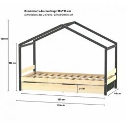 LE QUAI DES AFFAIRES Lit Cabane ETOILE 90x190cm + 2 Tiroirs / Brut Et Noir/ 199x95x150 Cm -Lit enfant Soldes Boutique 28296350 3