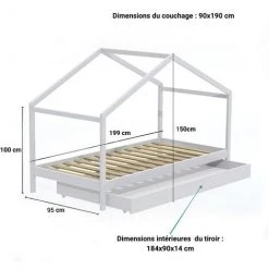 LE QUAI DES AFFAIRES Lit Cabane KOALA 90x190 + 1 Sommier + Tiroir / Blanc/ 199x95x150 -Lit enfant Soldes Boutique 29035212 3