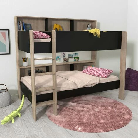 LE QUAI DES AFFAIRES Lit Superposé LUCKY 90x190 + 2 Sommiers / Noir Et Chêne Blanchi/ 198x125x175 1 LE QUAI DES AFFAIRES Lit Superposé LUCKY 90x190 + 2 Sommiers / Noir Et Chêne Blanchi/ 198x125x175