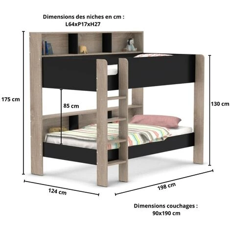 LE QUAI DES AFFAIRES Lit Superposé LUCKY 90x190 + 2 Sommiers / Noir Et Chêne Blanchi/ 198x125x175 4 LE QUAI DES AFFAIRES Lit Superposé LUCKY 90x190 + 2 Sommiers / Noir Et Chêne Blanchi/ 198x125x175 – Image 4