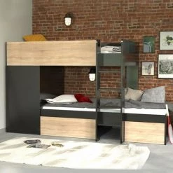 LE QUAI DES AFFAIRES Lit Superposé TWIN 90x190 Avec Armoire Et Tiroirs + 2 Sommiers / Noir Et Chêne Blanchi/ 252x111x145 Cm 7 LE QUAI DES AFFAIRES Lit Superposé TWIN 90x190 Avec Armoire Et Tiroirs + 2 Sommiers / Noir Et Chêne Blanchi/ 252x111x145 Cm -Lit enfant Soldes Boutique 29296614 4
