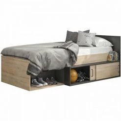 GAMI Lit Enfant Avec Rangement - Décor Chene Kronberg Clair Et Noir - 90 X 200 Cm - ERQUY