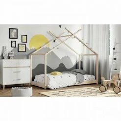 AUTRES Lit Cabane Enfant - Bois Pin Massif - Naturel - Sommier Inclus - 90 X 190 Cm - ELIAH