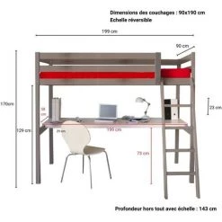 LE QUAI DES AFFAIRES Lit Mezzanine ASPEN 90x190 + 1 Sommier + Bureau / Gris/ 199x143x170 -Lit enfant Soldes Boutique 30018678 4