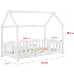 Lit D'enfant Forme Maison Sisimiut Avec Matelas Orthopédique 140 X 70 Cm Blanc [en.casa] -Lit enfant Soldes Boutique 30767550 3