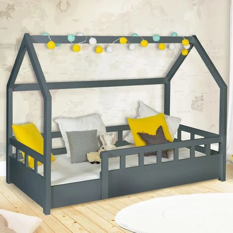 IDMARKET Lit Cabane Enfant 80 X 160 CM NEREE Gris Avec Sommier Et Barrières 1 IDMARKET Lit Cabane Enfant 80 X 160 CM NEREE Gris Avec Sommier Et Barrières