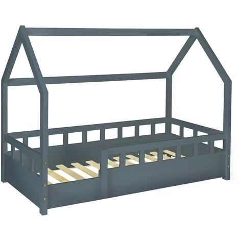 IDMARKET Lit Cabane Enfant 80 X 160 CM NEREE Gris Avec Sommier Et Barrières 2 IDMARKET Lit Cabane Enfant 80 X 160 CM NEREE Gris Avec Sommier Et Barrières – Image 2