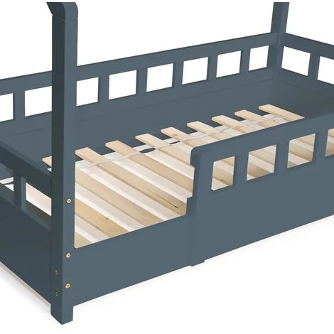 IDMARKET Lit Cabane Enfant 80 X 160 CM NEREE Gris Avec Sommier Et Barrières 3 IDMARKET Lit Cabane Enfant 80 X 160 CM NEREE Gris Avec Sommier Et Barrières – Image 3